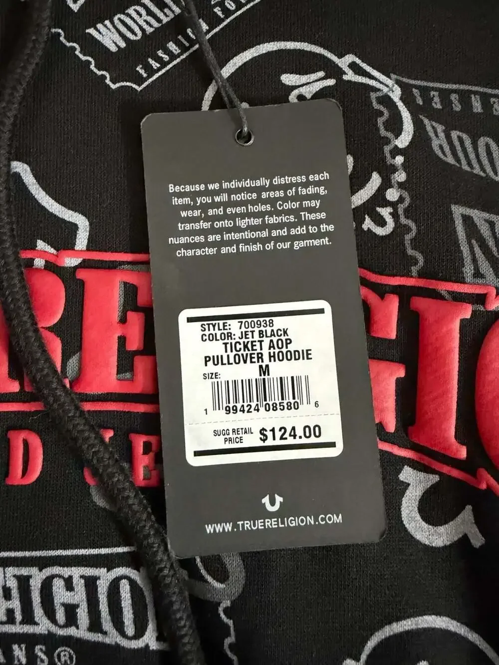 True Religion Ticket AOP Pullover Hoodie Jet Black Size Medium